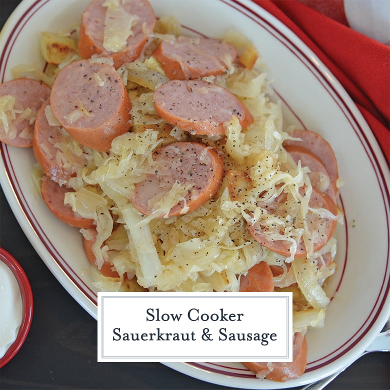 Sauerkraut and sausage on a serving dish with black pepper 