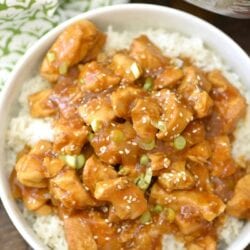 overhead shot of bowl of honey instant pot chicken