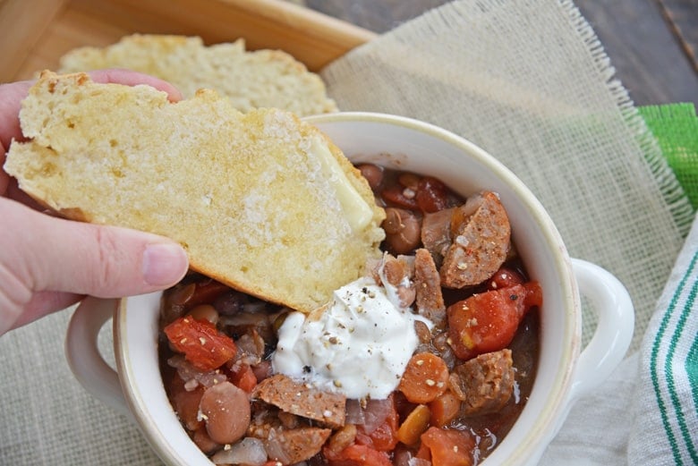 bread dipping into 15 bean soup 