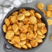 angled shot of bowl of Cajun Oyster Crackers