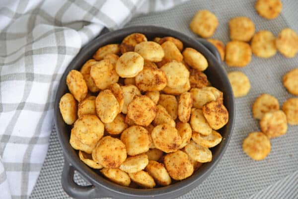 angled shot of bowl of Cajun Oyster Crackers