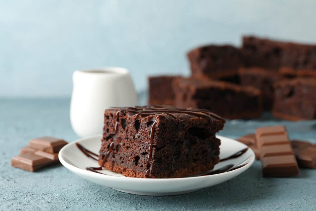 slice of chocolate cake on a white plate