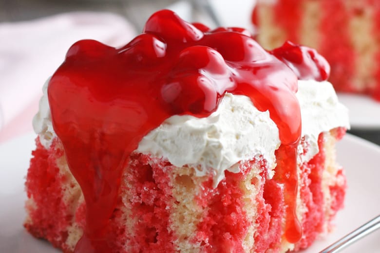 side view showing Cherry JELLO Poke Cake 