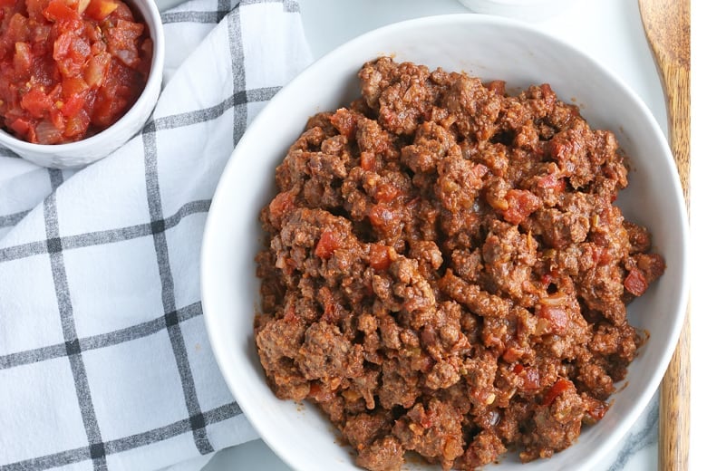 ground beef for tacos in a white serving bowl  