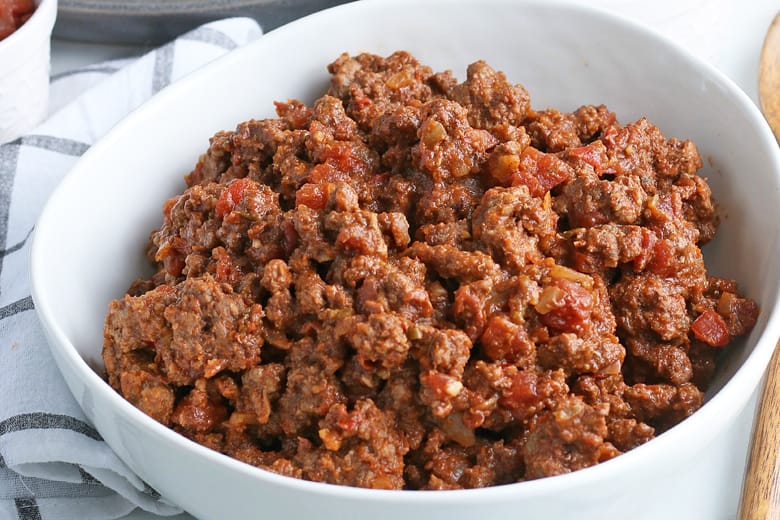 close up of salsa taco meat in a serving bowl 