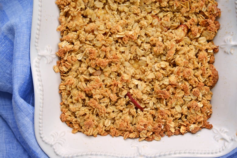 overhead of apple crisp in a baking dish 