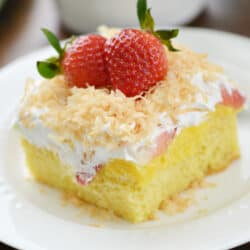 slice of strawberry poke cake