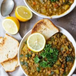 overhead shot of two bowls of lentil soup