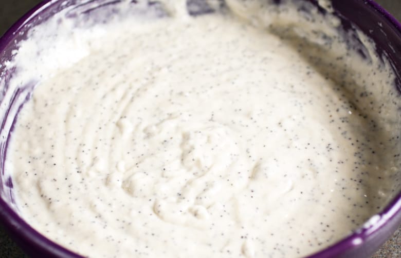 homemade pancake batter in a mixing bowl 