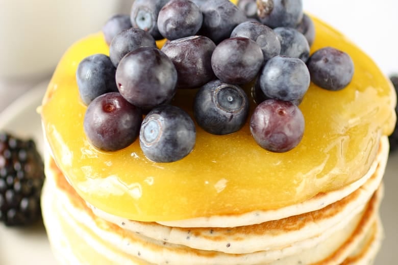 close up of lemon poppy seed pancakes 