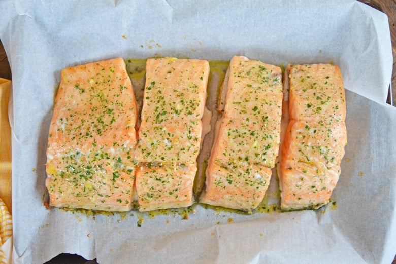 Four salmon fillets seasoned with Ranch dressing mix 