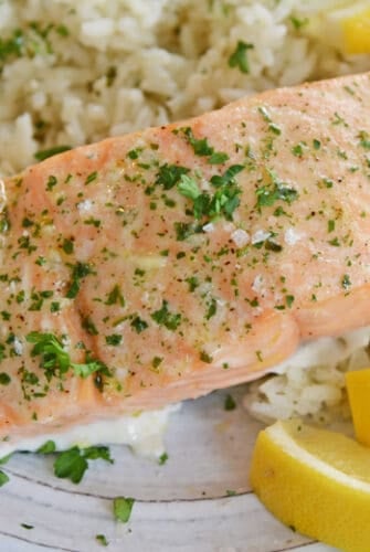 A plate of salmon with rice