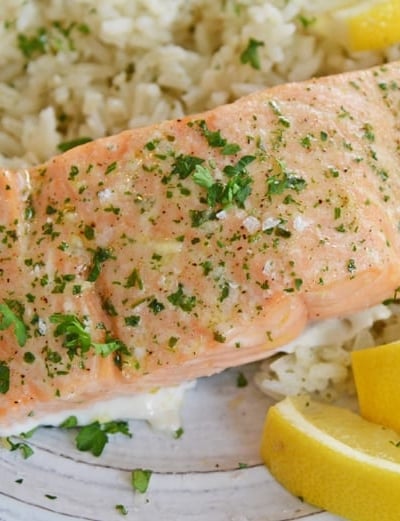 A plate of salmon with rice