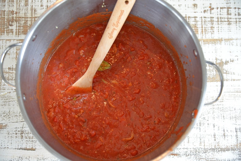 giant stock pot with simmering spaghetti sauce 