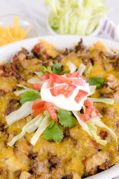 angle of taco bake in a casserole dish