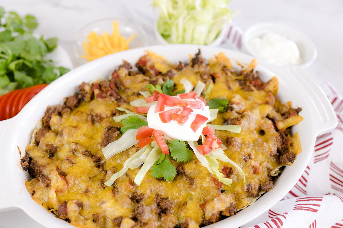 angle of taco bake in a casserole dish