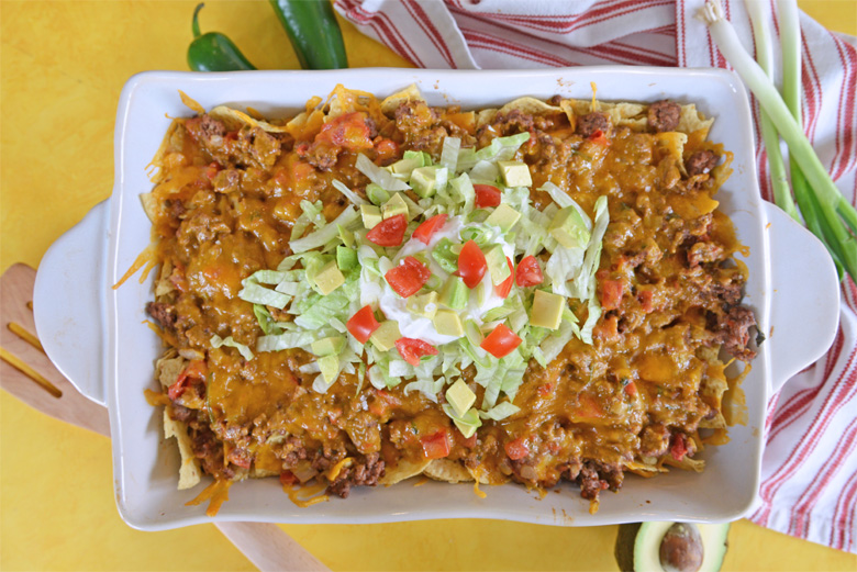 overhead of taco bake casserole with cheese 