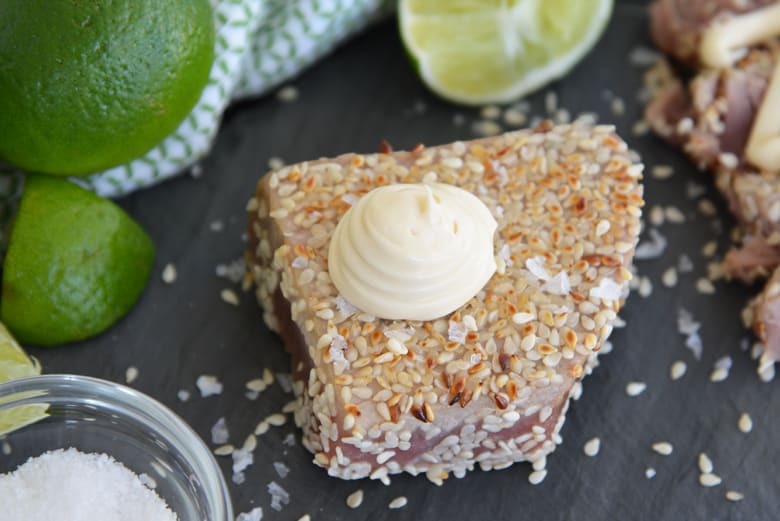 sesame crusted tuna with wasabi aioli