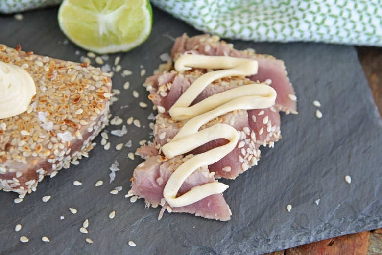 slices of tuna steak with wasabi aioli sauce 