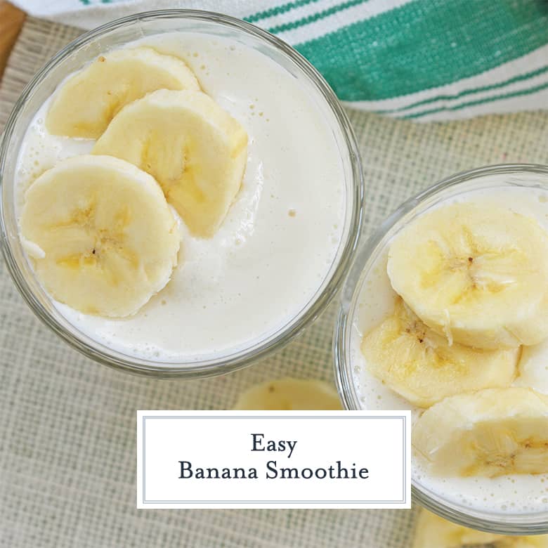 overhead of banana smoothies with sliced banana 