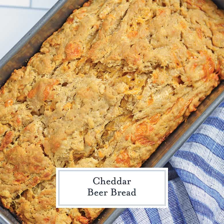 Overhead close up of cheddar beer bread in a loaf pan 