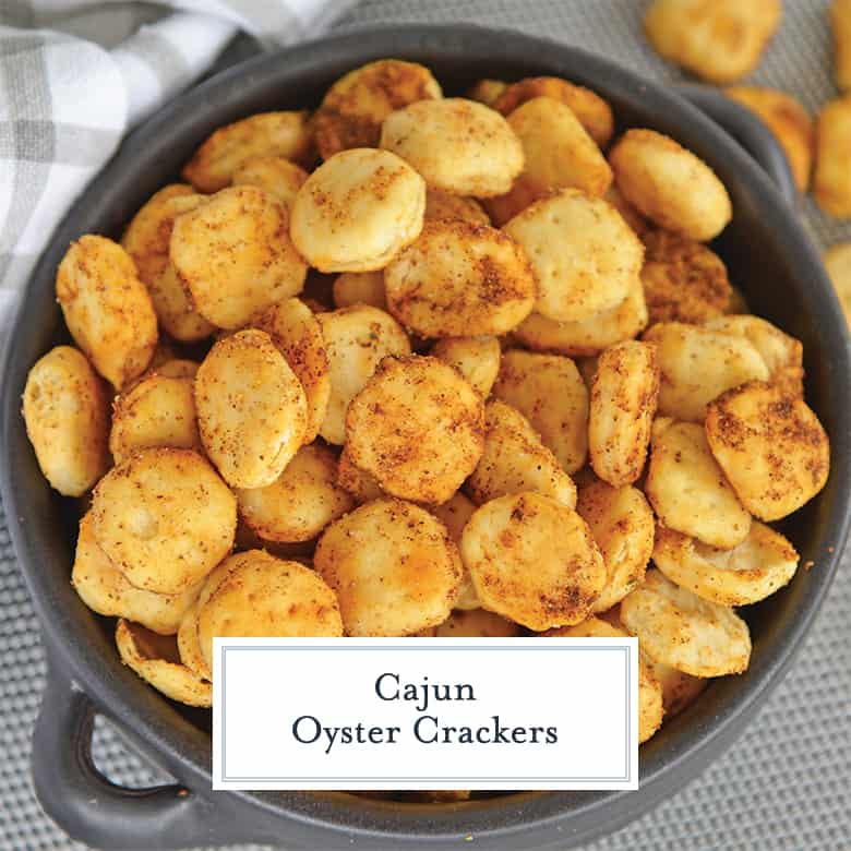 Black bowl with seasoned oyster crackers