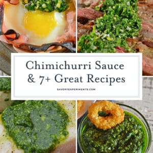 A bunch of different types of food, with Chimichurri and Sauce