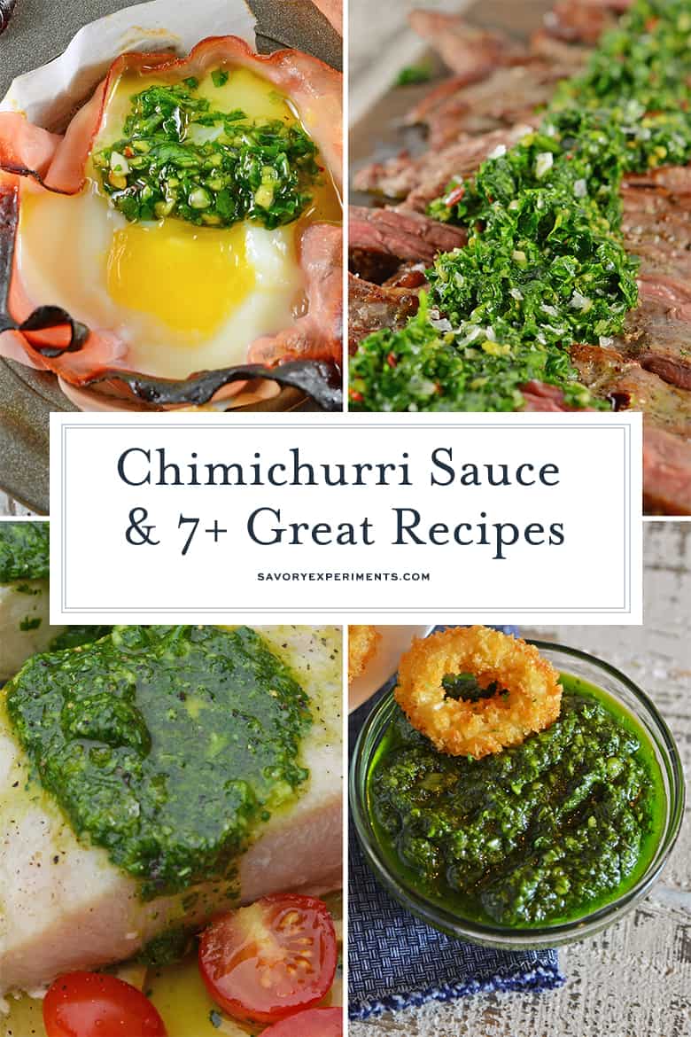 A bunch of different types of food, with Chimichurri and Sauce