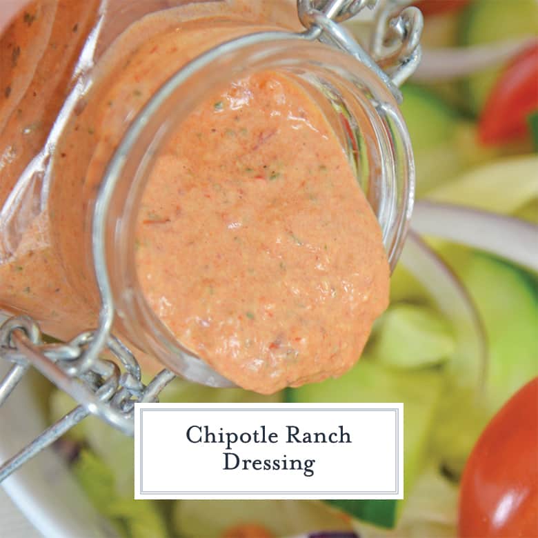 chipotle ranch dressing pouring onto salad 