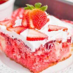 slice of strawberry poke cake