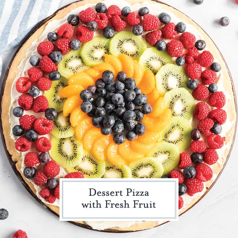 overhead of dessert pizza with fresh fruit 