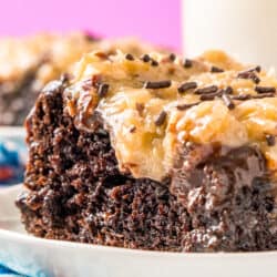 slice of german chocolate poke cake