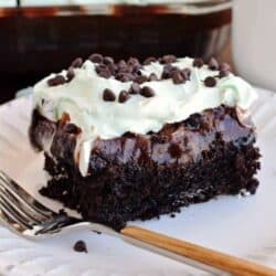 slice of grasshopper poke cake on plate