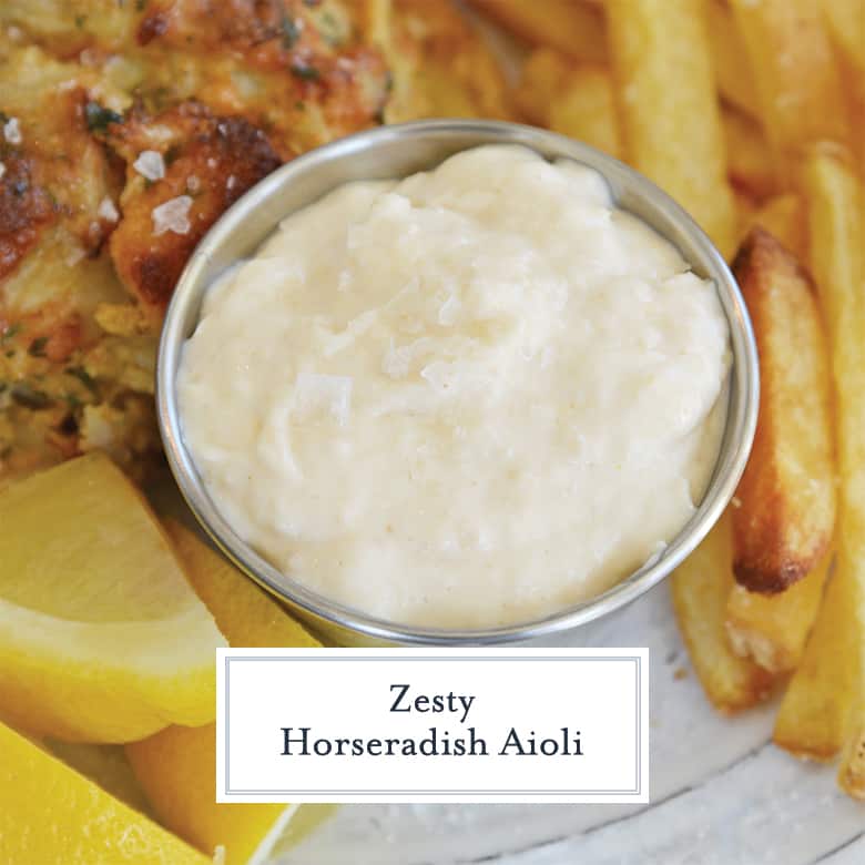 zesty horseradish aioli in a silver dipping cup 