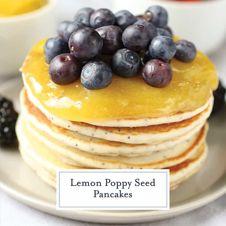 Stack of lemon poppy seed pancakes with lemon curd 