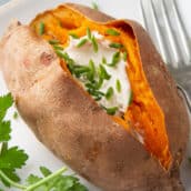 close up of microwaved baked sweet potato