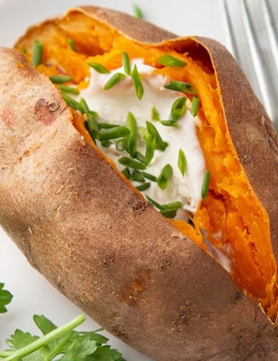 close up of microwaved baked sweet potato