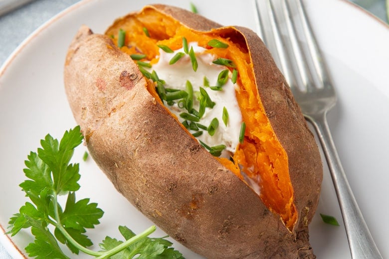 close up of microwaved baked sweet potato