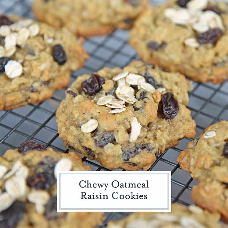 Close up of oatmeal raisin cookies on a cooling rack 