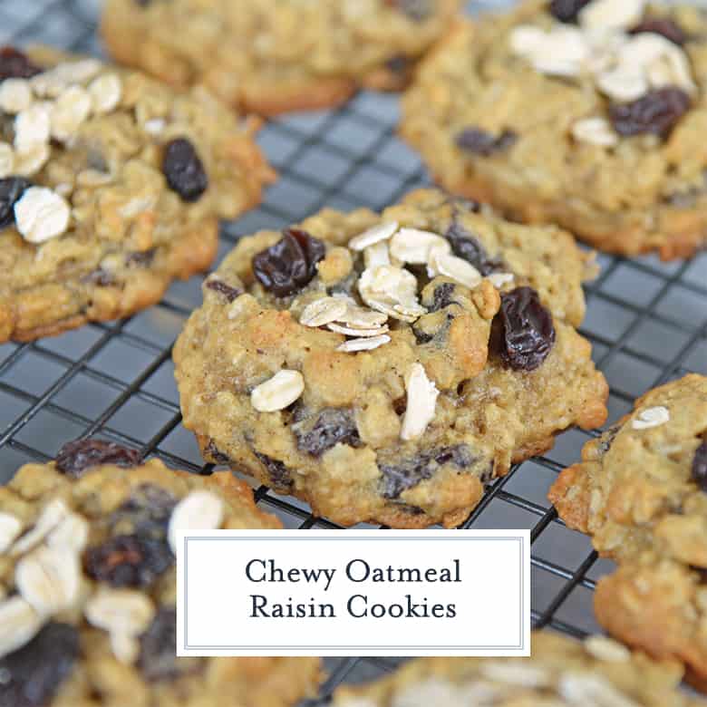 Close up of oatmeal raisin cookies on a cooling rack