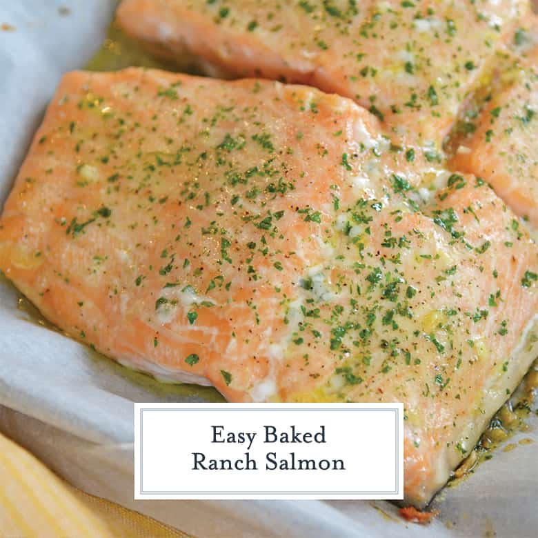 close up of ranch salmon on a baking sheet 