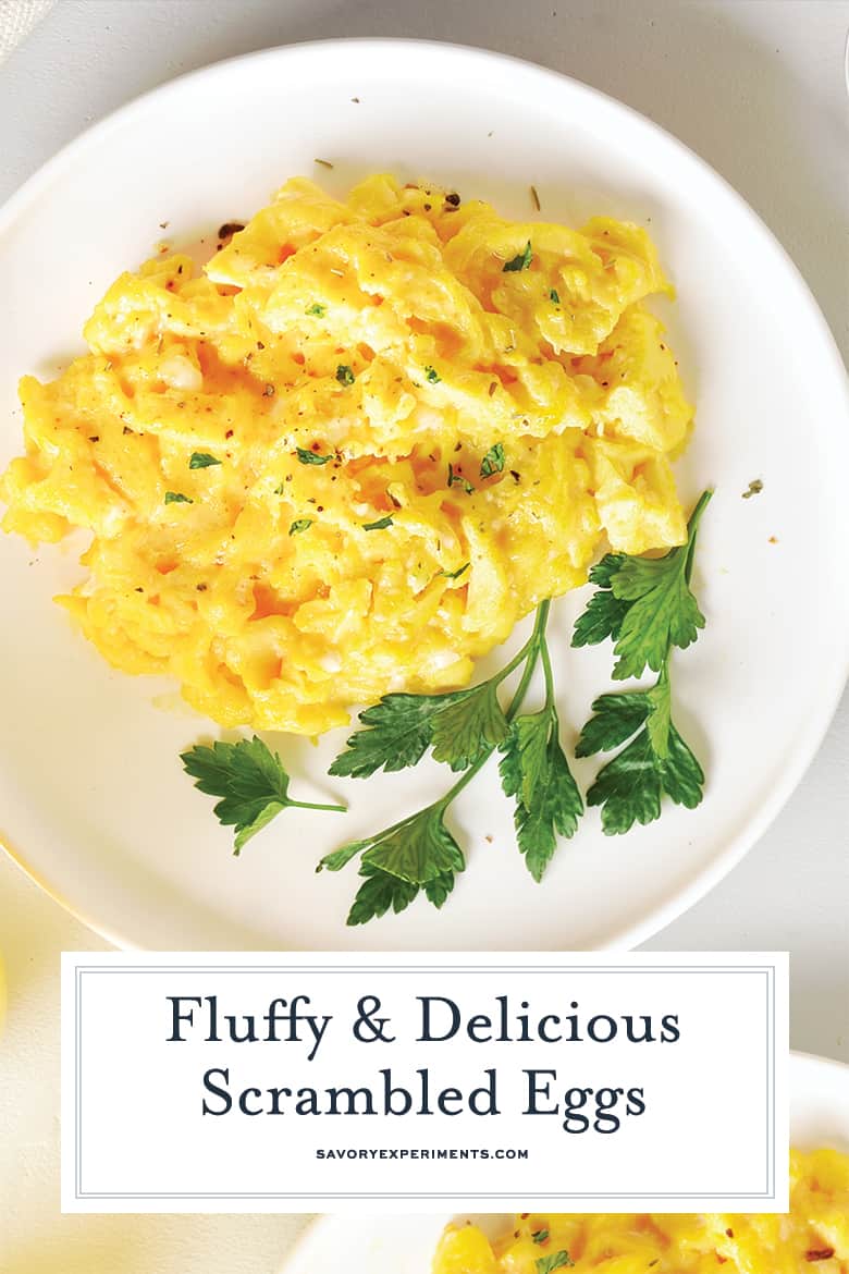 Scrambled eggs on a white plate for pinterest 