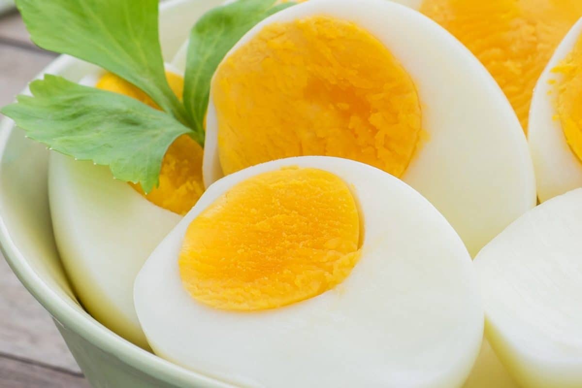 close up of hard boiled eggs with yellow yolk 