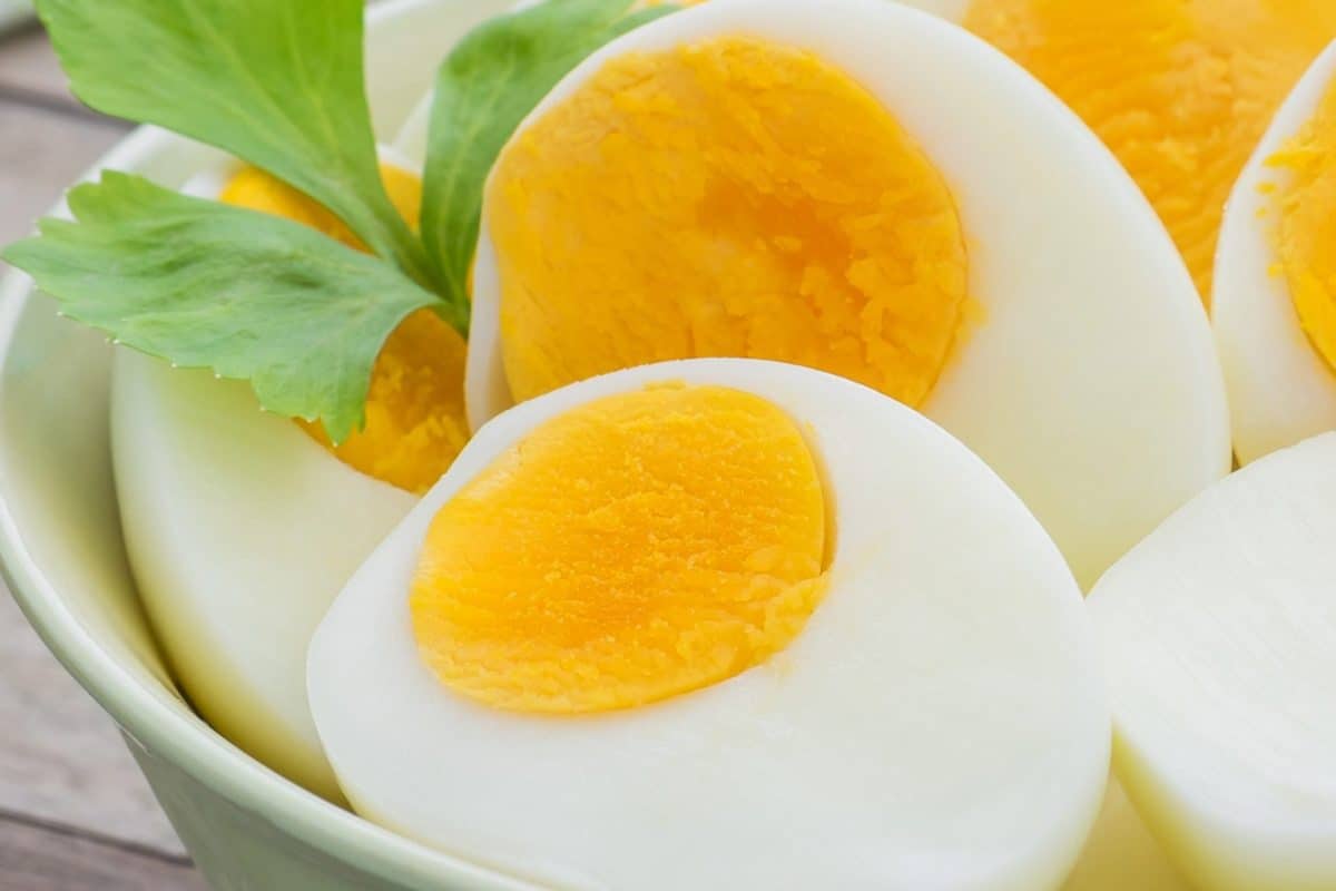 close up of hard boiled eggs with yellow yolk 