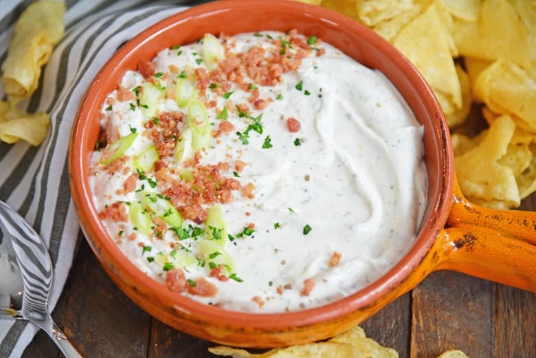 angle view of creamy ranch dip for chips
