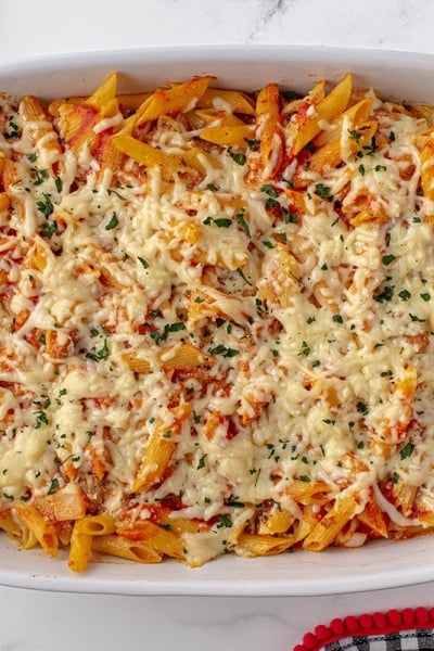 overhead of baked mostaccioli