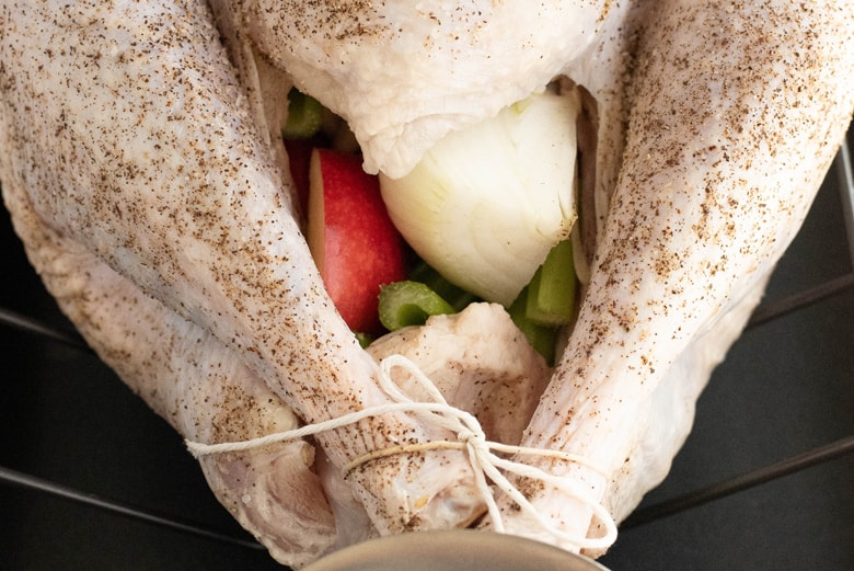 turkey stuffed with apple, celery and onion, trussed 