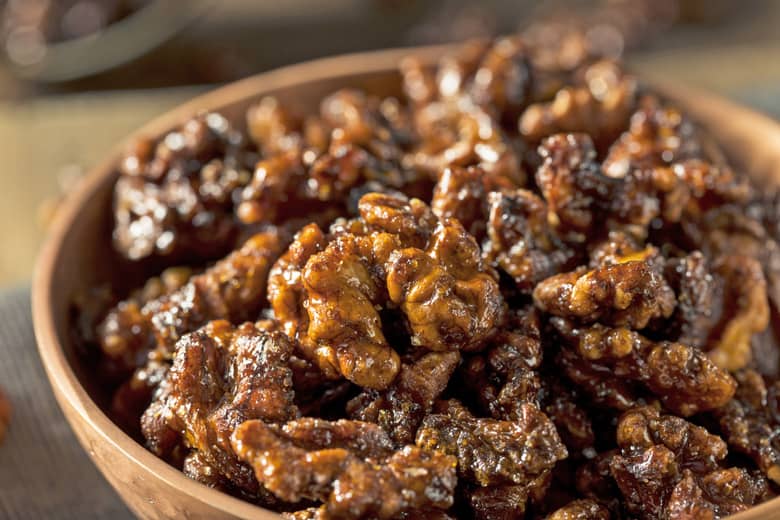 A close up of candied walnuts 