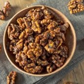 candied walnuts in a wood bowl