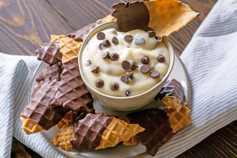 cannoli dip with chocolate covered waffle cones 